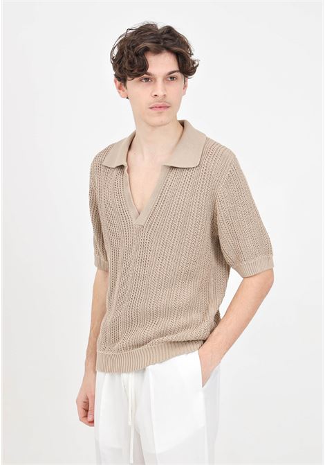 Beige men's polo shirt with perforated texture and loose knit IM BRIAN | MA28050025